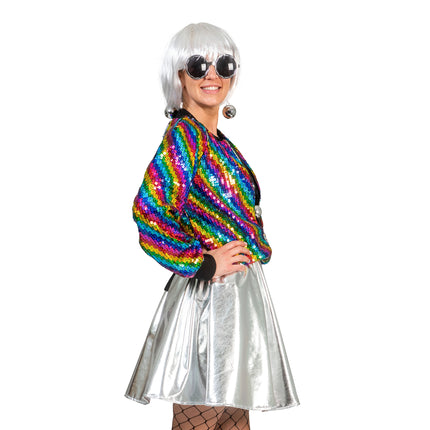 Disco jas Tessa in regenboog kleuren dames zijaanzicht – verkleedkleding