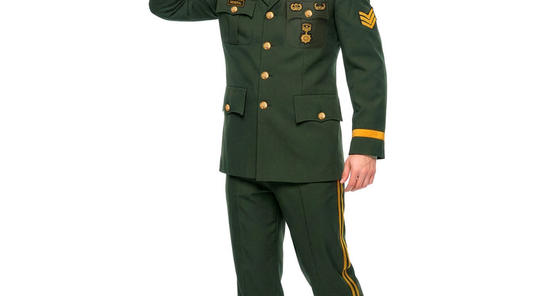 Generaal kostuum heren in legergroen met gouden knopen, emblemen, broek met gouden bies en pet