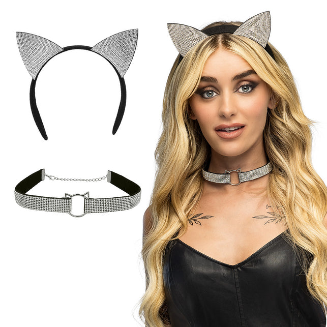 Set Diamond cat kattenoren staart diadeem
