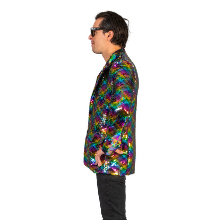 Disco jas Jack regenboog print zijaanzicht – verkleedkleding