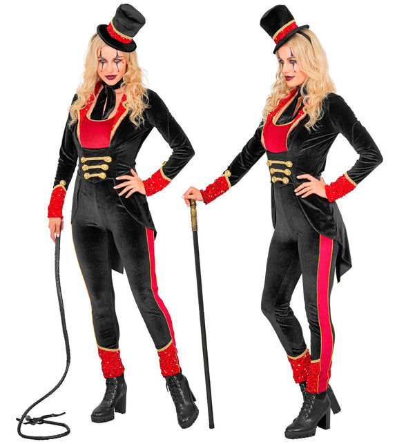Circusdirecteur jumpsuit dames met slipjaspunt en pailletten manchetten, voor een circusfeest