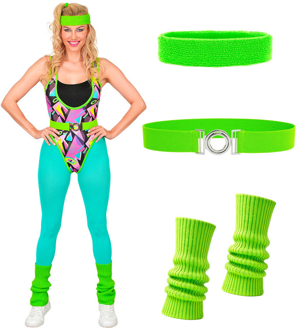 Vijfdelig jaren 80 aerobic kostuum met groene haarband, elastische riem en gebreide beenwarmers