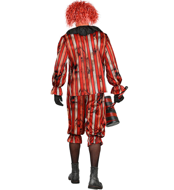 Achterkant van het gemene clown kostuum heren met gestreepte jas en gerimpelde mouwmanchetten