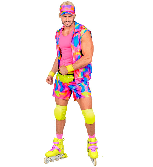 Rollerblader kostuum heren jaren 80, mouwloos jack met rits en korte broek in neonprint