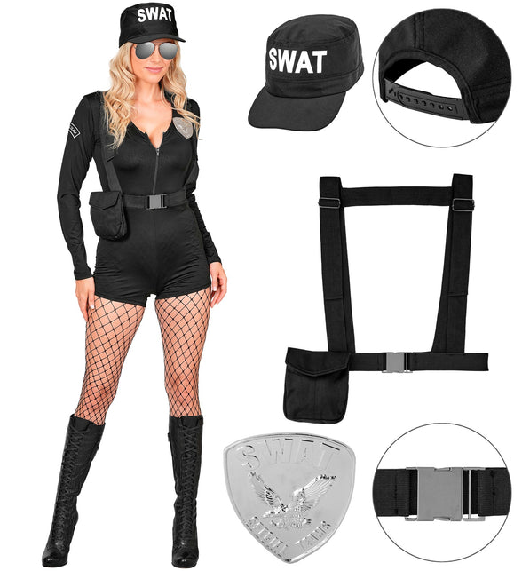 S.W.A.T. kostuum dames set met romper, harnasgordel met tasje, pet en badge