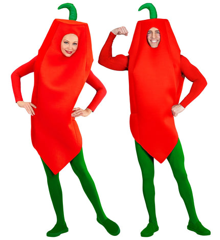 Chilipeper kostuum heren rode peper, grappig groente verkleedpak volwassenen vooraanzicht
