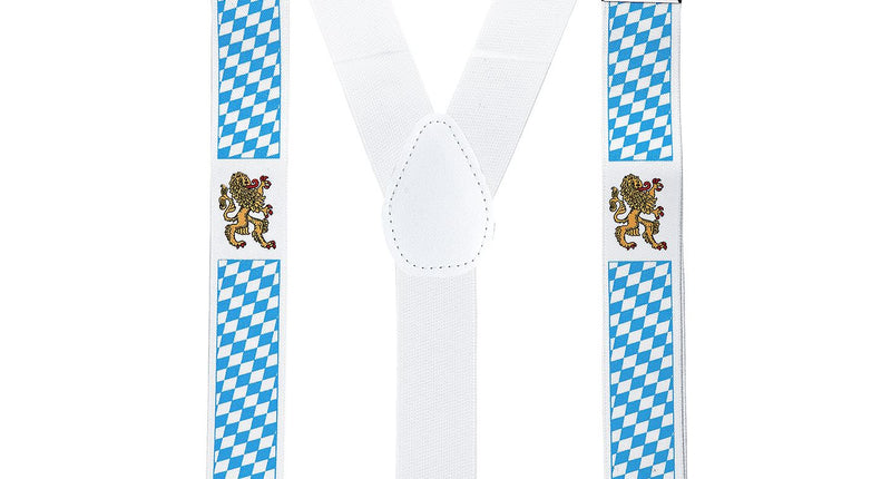 Bretels Beieren in blauw-wit ruitpatroon met gouden leeuwen en drie metalen clips