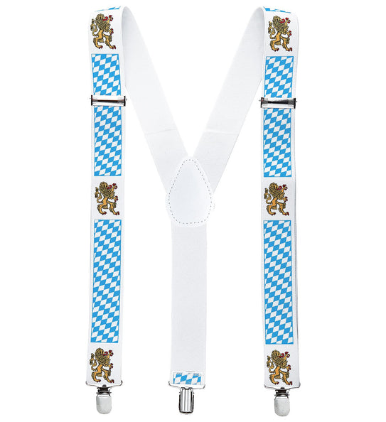 Bretels Beieren in blauw-wit ruitpatroon met gouden leeuwen en drie metalen clips