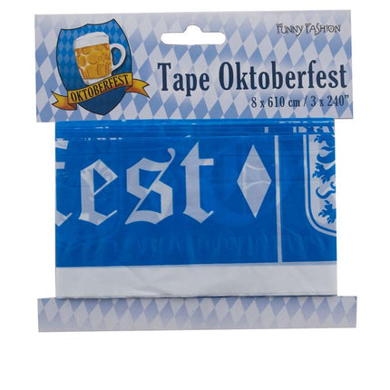 Afzetlint Oktoberfest op rol in de verpakking van Funny Fashion met blauw-wit ruitmotief