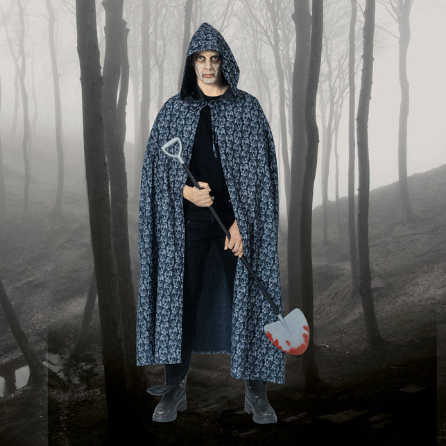 Zwarte cape met kap schedel print