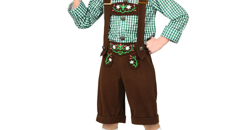 Beiers kostuum Rick jongen met bruine lederhose, bretels en groen-wit geruite blouse voor Oktoberfest