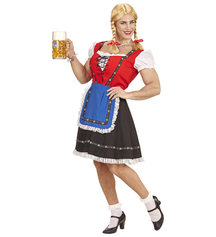 Biermeisje pak mannen met rood lijfje, zwarte rok en blauw schort voor Oktoberfest