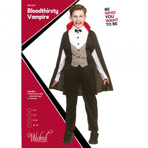 Verpakking van het Graaf Dracula pak kids met shirt met vaste cape en broek in vier kindermaten