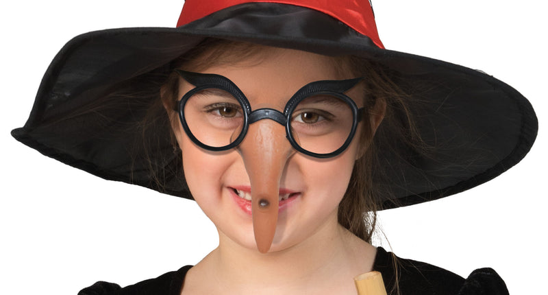 Bril met heksen neus gedragen onder zwarte punthoed, zwart montuur met lange puntneus voor Halloween