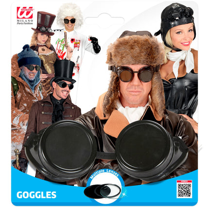 Verpakking van de zwarte aviator goggles met verwisselbare glazen voor vliegenier- en steampunklook