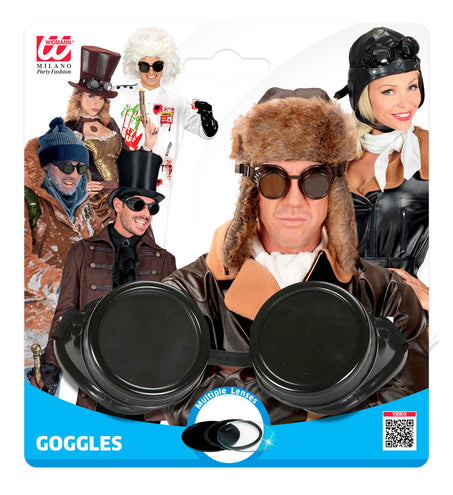 Verpakking van de zwarte aviator goggles met verwisselbare glazen voor vliegenier- en steampunklook