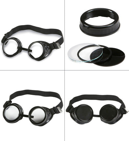Detailfoto's aviator bril: heldere glazen, donkere glazen, schroefring en elastieken band met gesp