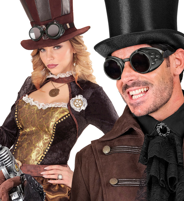 Zwarte aviator bril met donkere glazen gedragen bij een hoge hoed in steampunkstijl