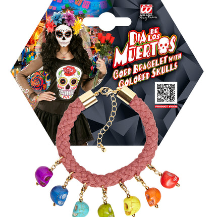 Armbandje met doodskopjes van Widmann op verpakkingskaart met Dia de los Muertos-thema