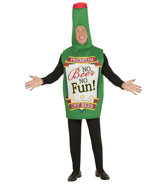 Bierfles kostuum unisex in groen met rode dop en wit bierlabel op de voorkant, voor Oktoberfest