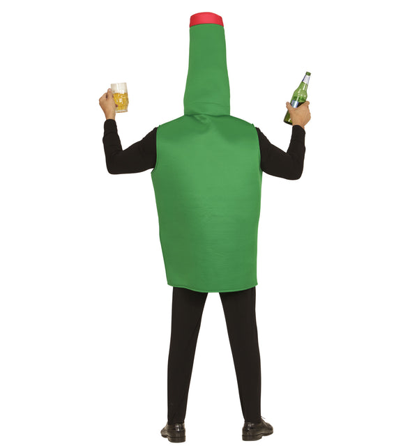 Bierfles kostuum achterkant: effen groen tuniekmodel met kap in de vorm van een flessenhals