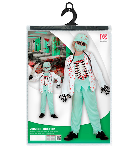 Verpakking zombie dokter pak kind met kindermaten 128, 140 en 158 cm