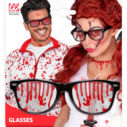 Bril met bloeddruppels op verpakking, gedragen door man en vrouw met bloedlook voor Halloween