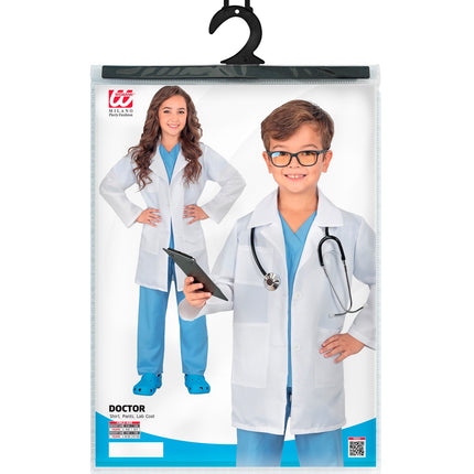 Verpakking dokterskostuum kinderen met shirt, broek en labjas in maten 116 tot 158 cm