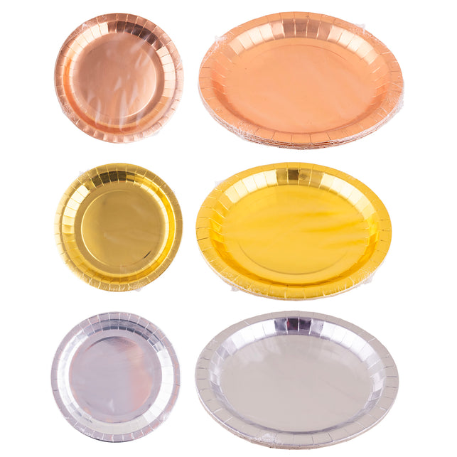 8 borden 3 kleuren in rosé, goud en zilver met glanzende metallic laag en geplooide rand, per tint in folie verpakt