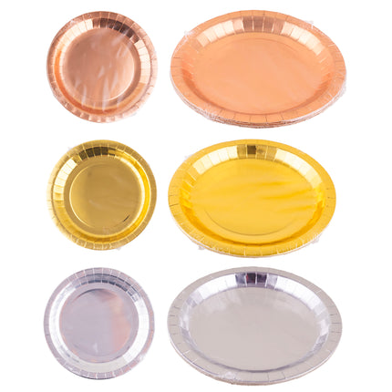 8 borden 3 kleuren in rosé, goud en zilver met glanzende metallic laag en geplooide rand, per tint in folie verpakt