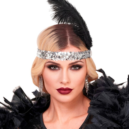 Haarband roaring jaren 20 pailletten met 2 veren en edelsteen zilver voor dames sfeerbeeld – verkleedkleding