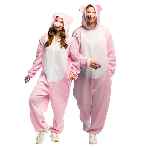 Roze pluche varkenspak volwassenen jumpsuit