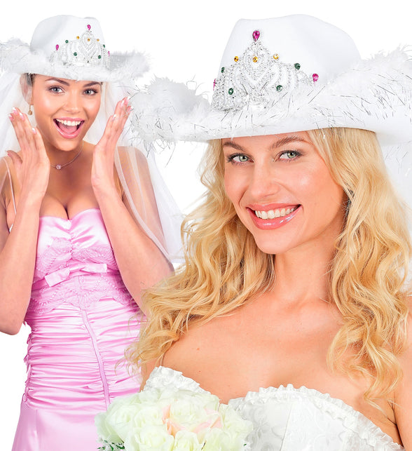 Hoed vrijgezellen party bruids met tiara marabou en sluier voor dames achterkant – hoeden