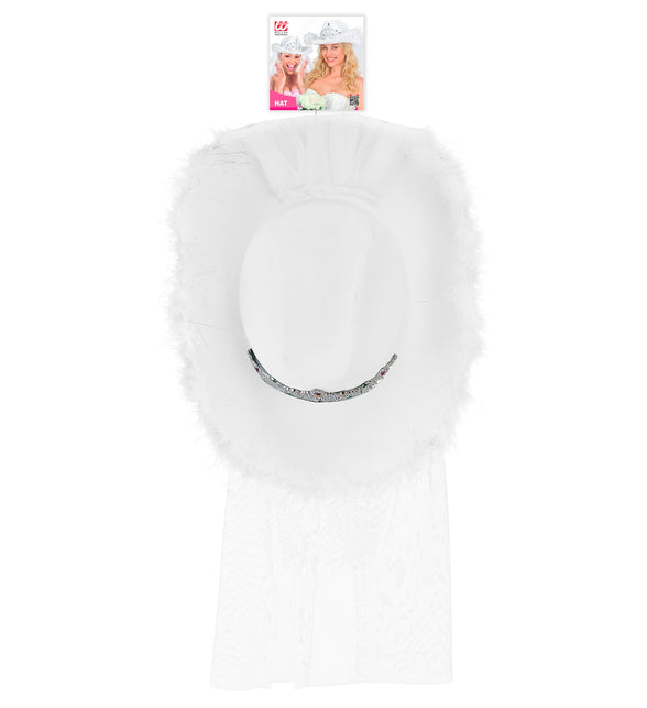 Hoed vrijgezellen party bruids met tiara marabou en sluier voor dames zijaanzicht – hoeden