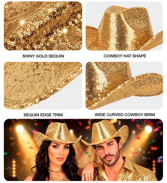 Detailbeeld van gouden pailletten, randafwerking en brede gebogen cowboyrand