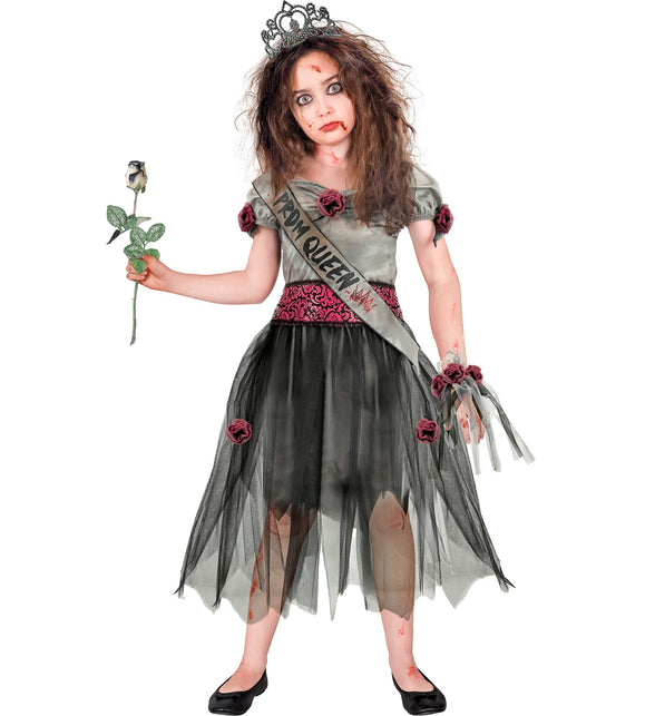 Zombie gala koningin jurk meisjes in grijs met zwarte tule, roosjes en sjerp voor Halloween