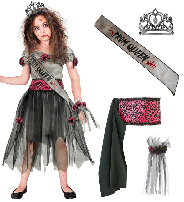 Zombie gala koningin jurk met losse onderdelen: sjerp PROM QUEEN, tiara, roze riem en armcorsage