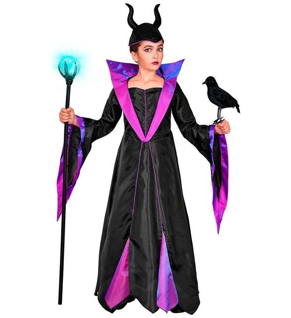 Malefica jurk meisjes vooraanzicht met hoge kraag en gepunte zoom, voor Halloween