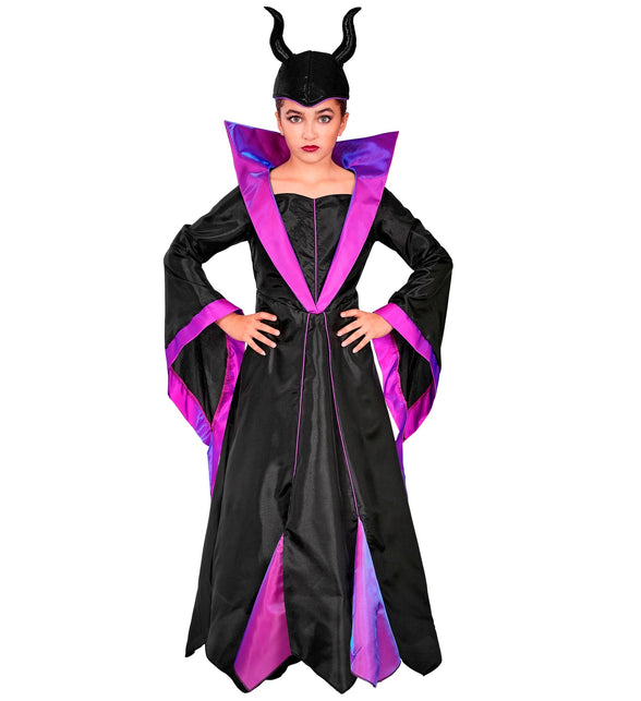 Malefica jurk meisjes zwart met paars-roze puntkraag, wijde mouwen en hoofddeksel met hoorns