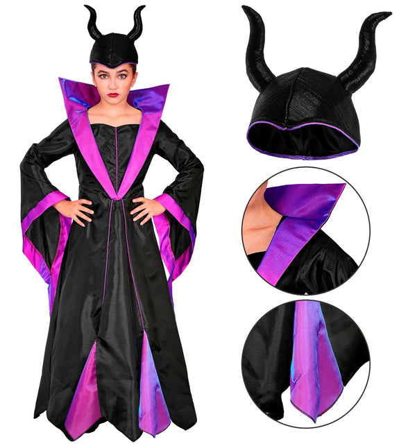 Malefica jurk meisjes met detailfoto's van het zwarte hoofddeksel met hoorns en de paarse mouwpunt