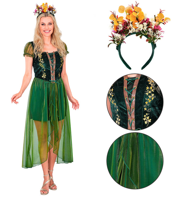 Woud koningin jurk met detail van bladprint, veterpaneel en groene haarband met bloemen