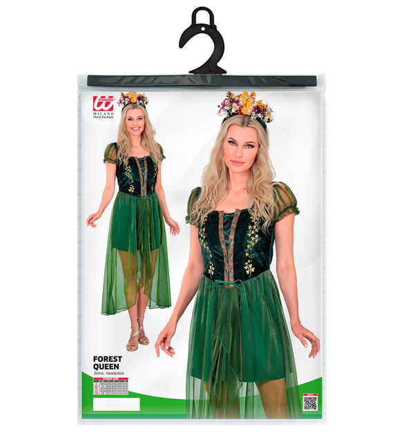 Woud koningin jurk dames in verpakking met maattabel XS tot XL en hoofddeksel