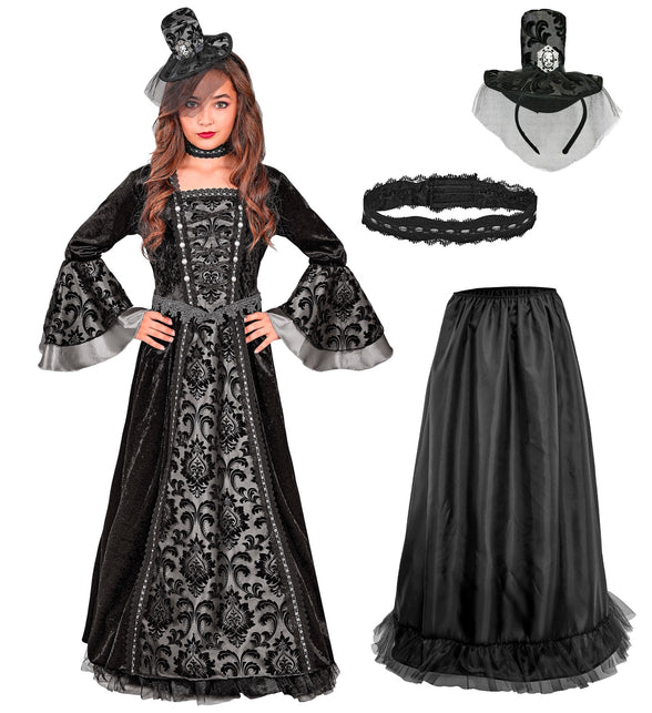 Donkere gravin jurk set met hoepelpetticoat, kanten choker en mini hoedje met sluier