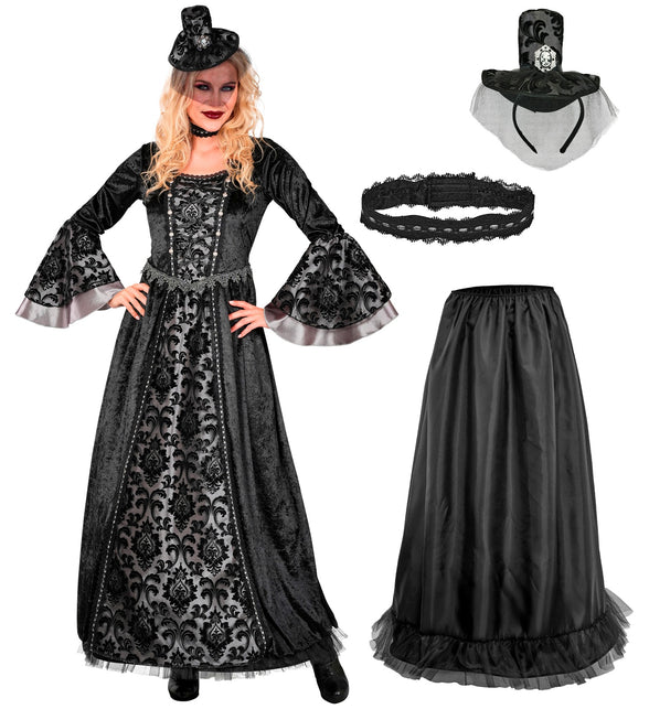 Donkere gravin kostuum dames met jurk, zwarte hoepelpetticoat, kanten choker en mini hoedje met sluier