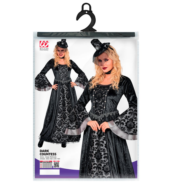 Verpakking van het donkere gravin kostuum Widmann met jurk, hoepelpetticoat, choker en hoedje