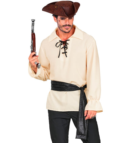 Piratenshirt heren in ecru met zwarte rijgveters en zwarte sjerp om de taille