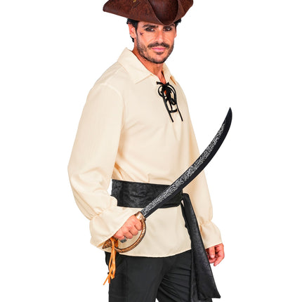 Piratenshirt heren van zijkant, brede kraag en geplooide manchetten zichtbaar