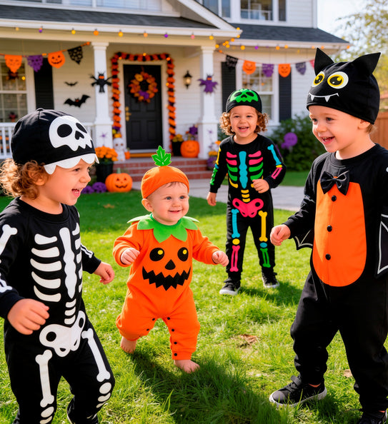 Kind in vleermuis jumpsuit tijdens Halloween, zwart pak met oranje bef en vleermuismuts