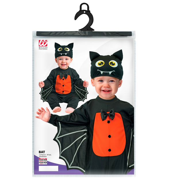 Verpakking vleermuis jumpsuit met jumpsuit, vleugels en hoofddeksel in kindermaat 80 en 98 cm