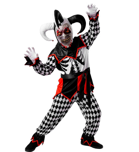 Sinistere nar kostuum jongens met zwart-wit ruitpatroon, masker en zotskap voor Halloween